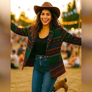 VTG Index by Melrose Blazer Sz L 80s 90s Southwest Retro Stripe Wool Look Aztec